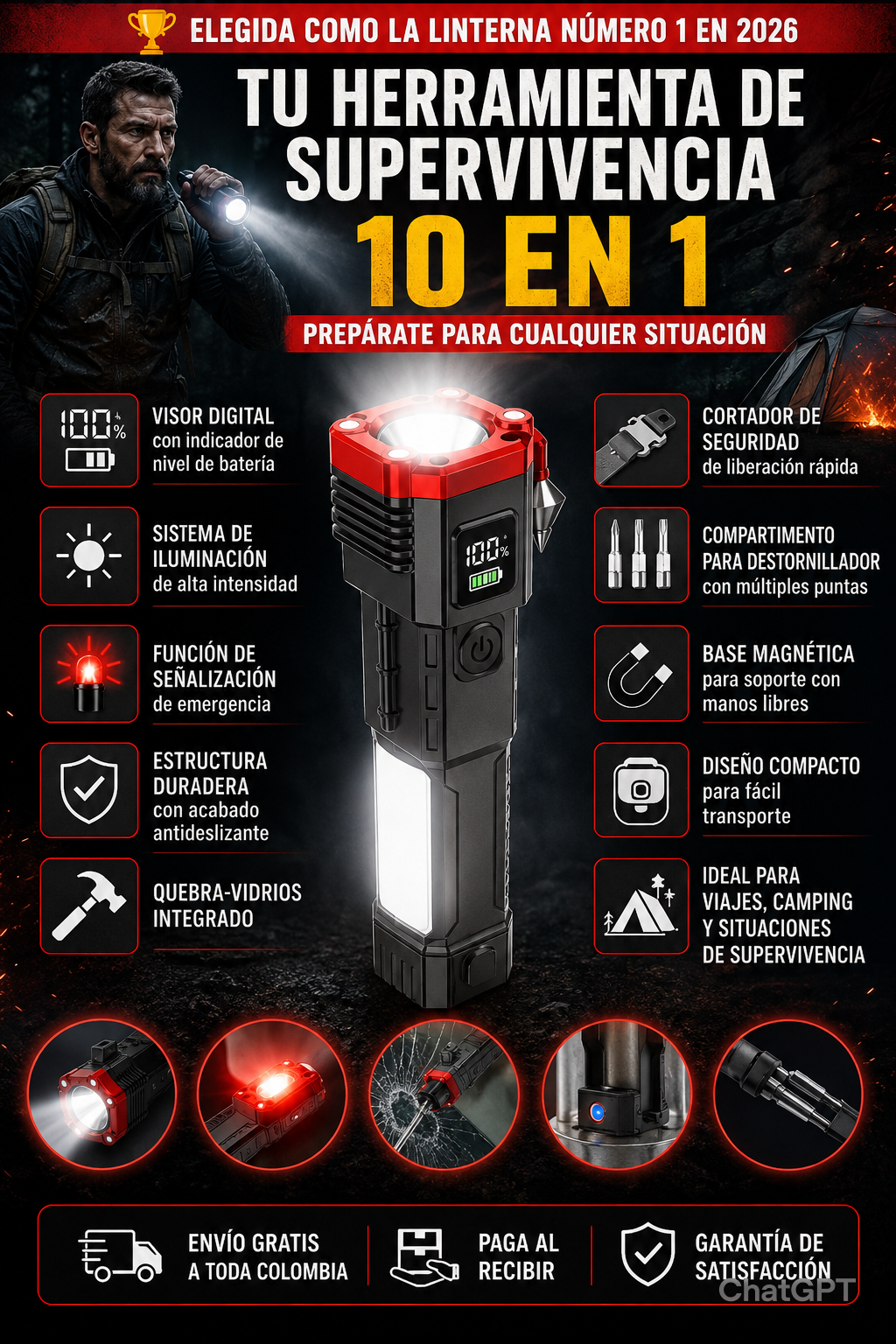 🔥 MÁS QUE UNA LINTERNA… TU KIT DE SUPERVIVENCIA 10 EN 1 + BRINDE